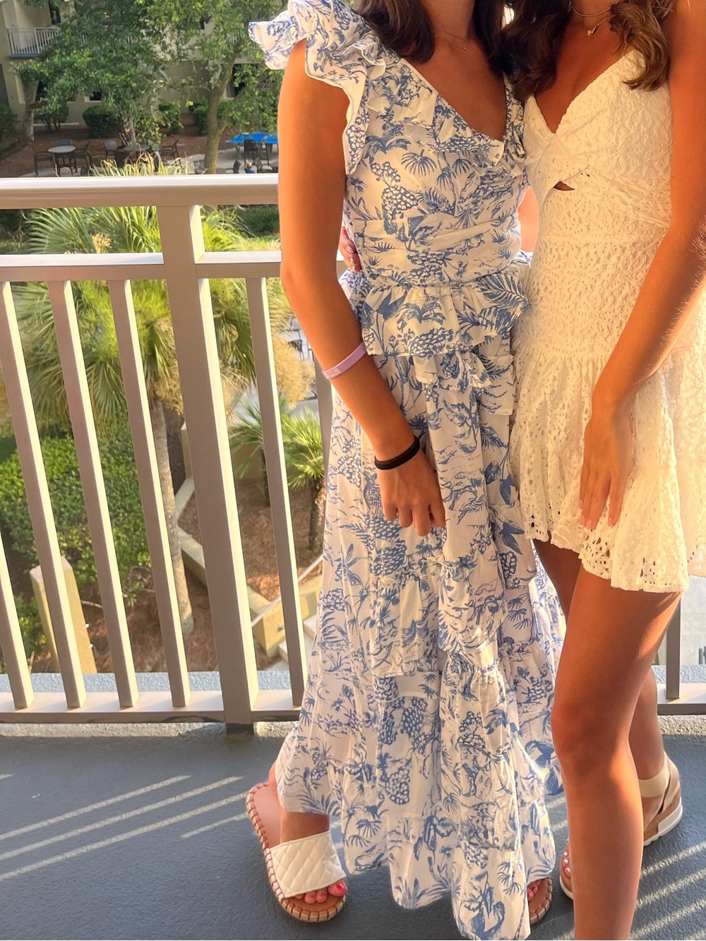 Storia White and Blue Floral Ruffle Maxi Dress